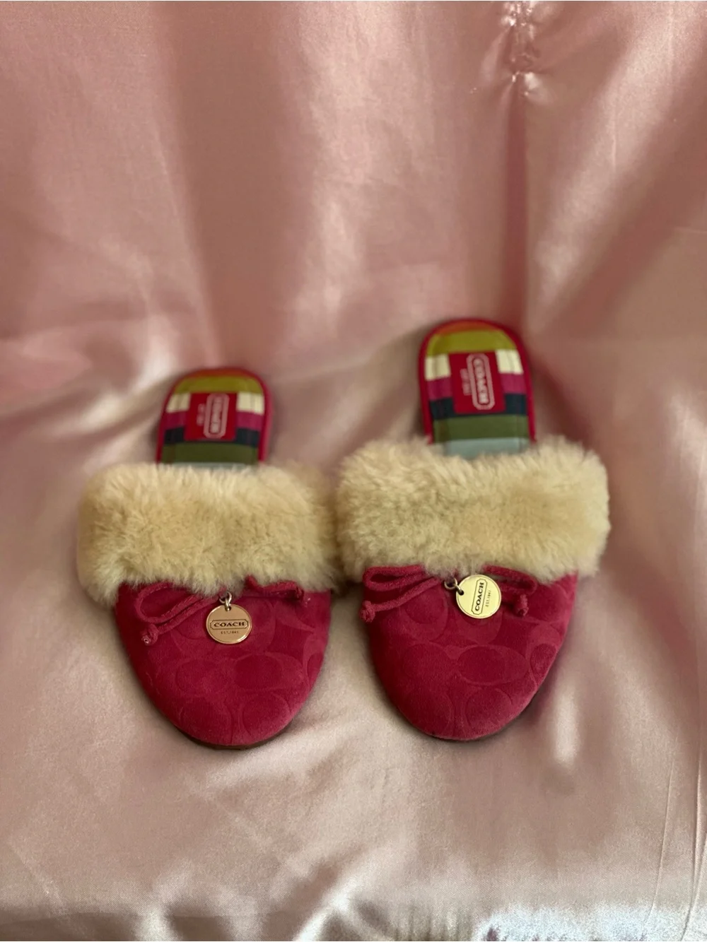 Coach CARRA signature C monogram embossed fur trim slide slippers